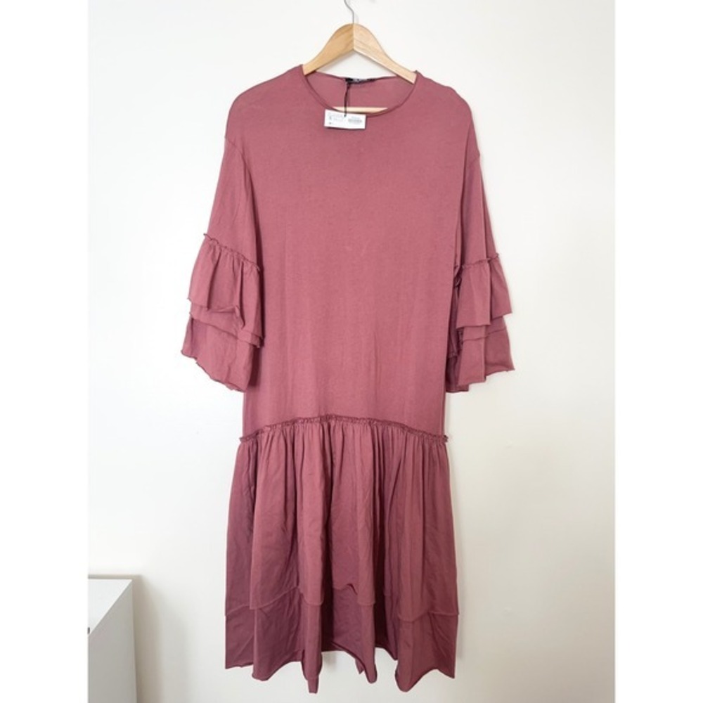 Zara NWT Trafaluc Mauve Pink Tiered‎ Ruffle Sleeve Drop Waist Midi Dress | Small - Picture 2 of 12